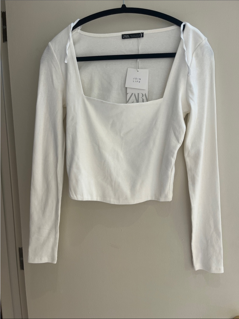 NWT ZARA White Long-Sleeve Square Neck Crop Top with Tie Straps